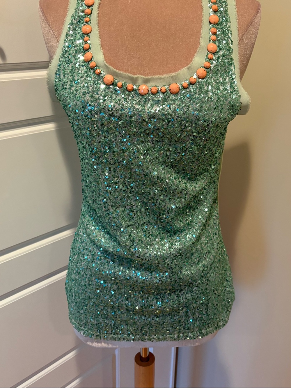 Sequin Mint Green Tank Top with Coral Bead Trim Size S